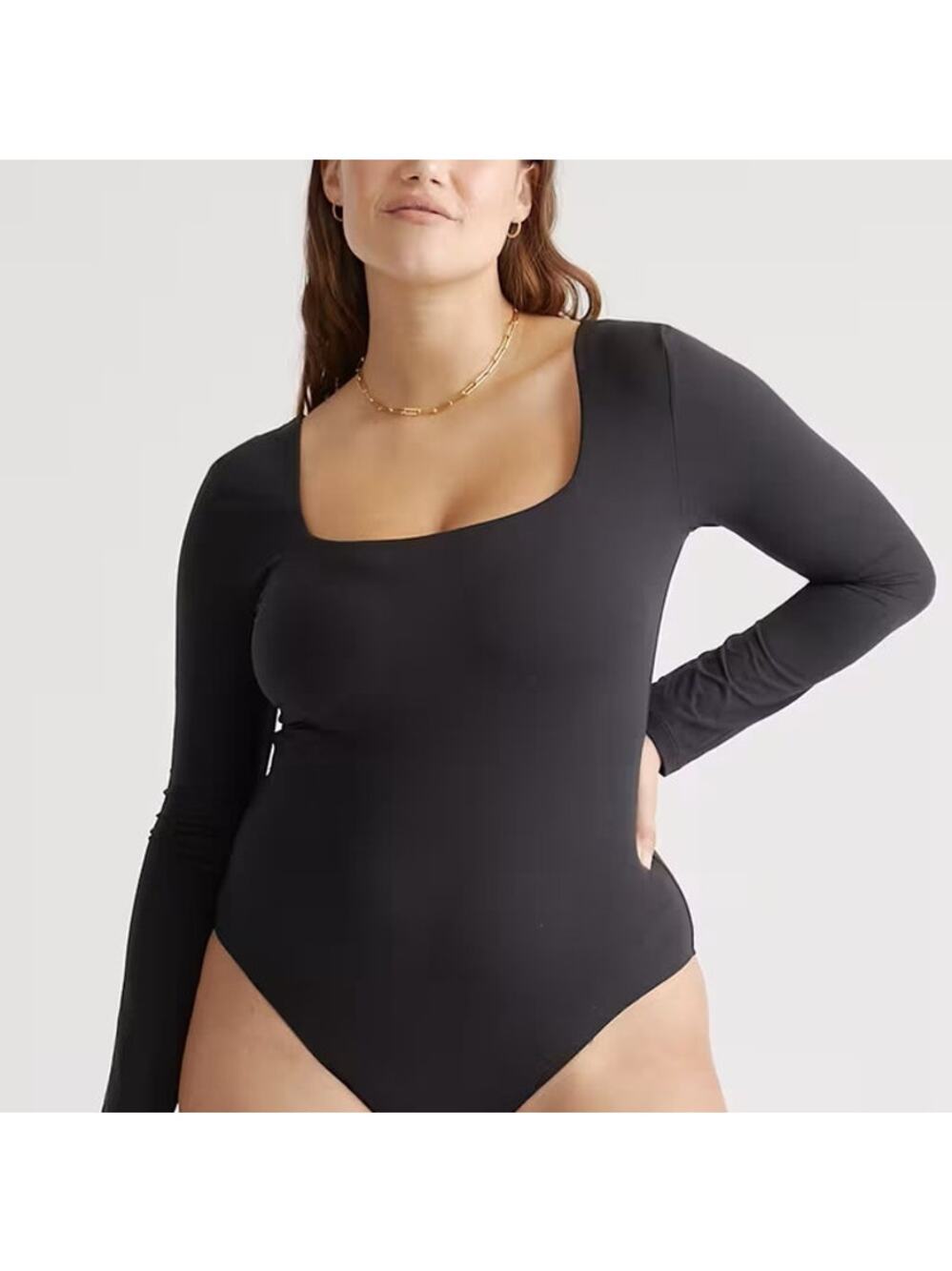 NWT Quince Second Skin Bodysuit Square Neck Long Sleeve Top Black Womens Size M